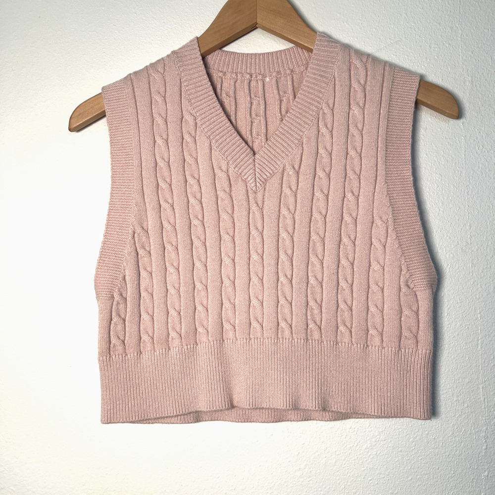 Small Women’s Pink Chain Knit V-NeckSweater – Sleeveless Stretch Blush Cropped